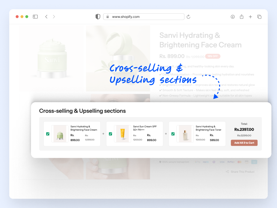 Cross selling & Upselling sections